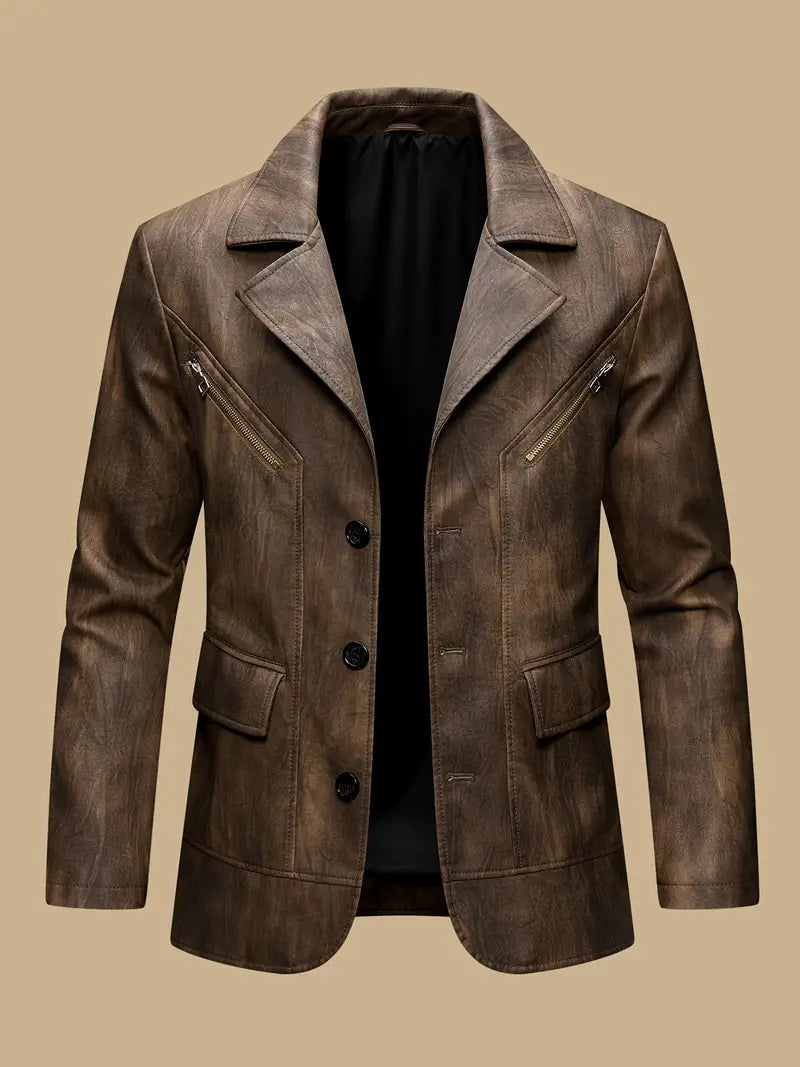 "Manteau en cuir marron classique pour homme, coupe cintrée, allure élégante et durable, style raffiné."