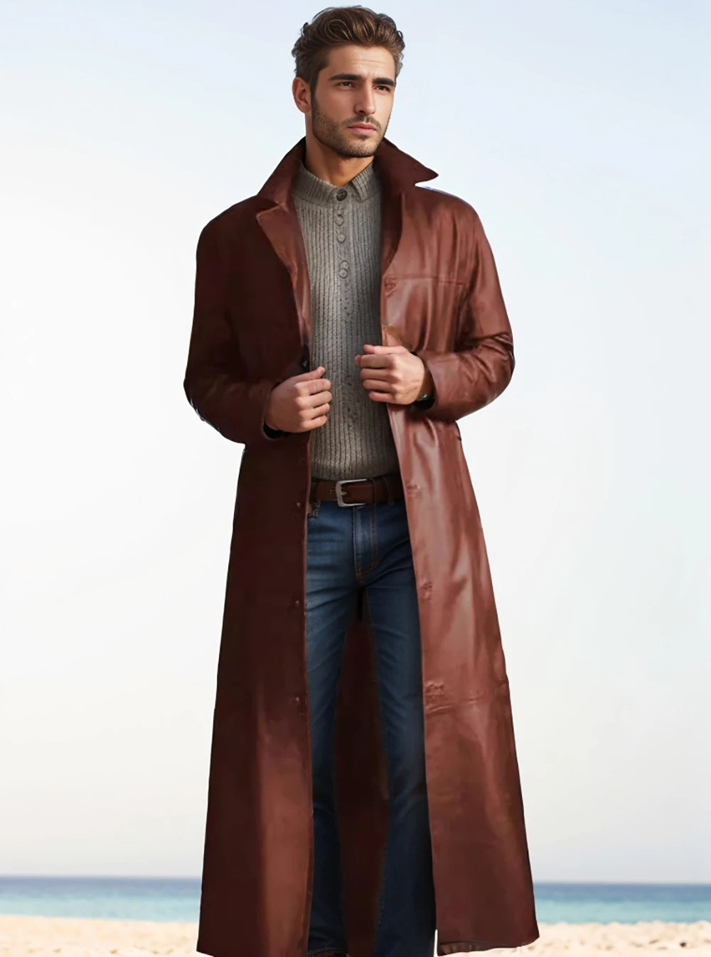 "Manteau long en cuir homme, élégant, cuir raffiné, revers classiques, style intemporel, durable et polyvalent."