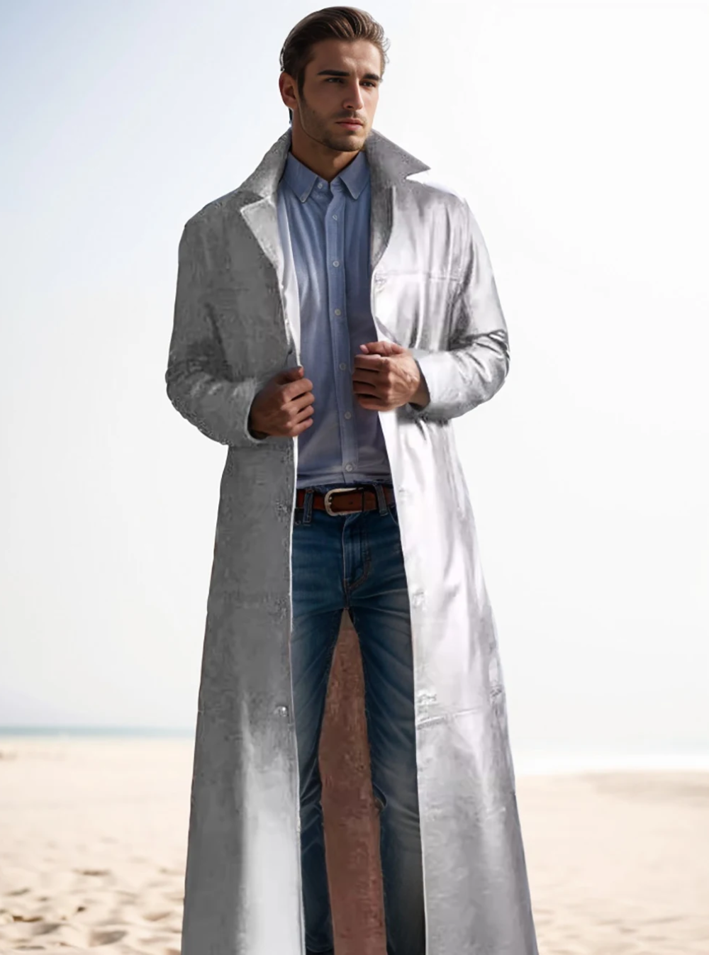 "Manteau long en cuir homme, élégant, cuir raffiné, revers classiques, style intemporel, durable et polyvalent."