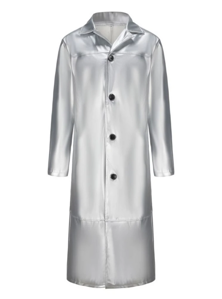 "Manteau long en cuir homme, élégant, cuir raffiné, revers classiques, style intemporel, durable et polyvalent."