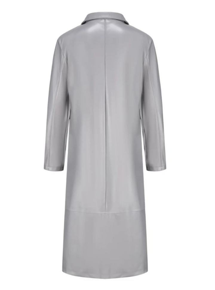 "Manteau long en cuir homme, élégant, cuir raffiné, revers classiques, style intemporel, durable et polyvalent."