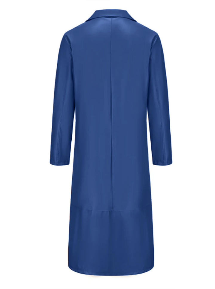 "Manteau long en cuir homme, élégant, cuir raffiné, revers classiques, style intemporel, durable et polyvalent."