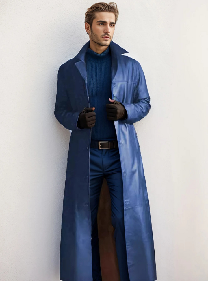 "Manteau long en cuir homme, élégant, cuir raffiné, revers classiques, style intemporel, durable et polyvalent."