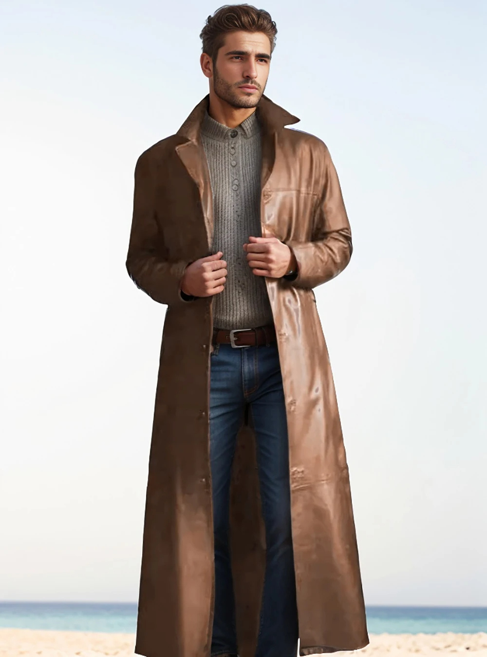"Manteau long en cuir homme, élégant, cuir raffiné, revers classiques, style intemporel, durable et polyvalent."