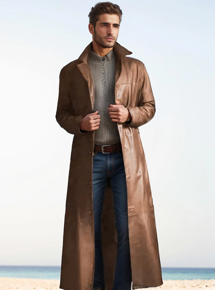 "Manteau long en cuir homme, élégant, cuir raffiné, revers classiques, style intemporel, durable et polyvalent."