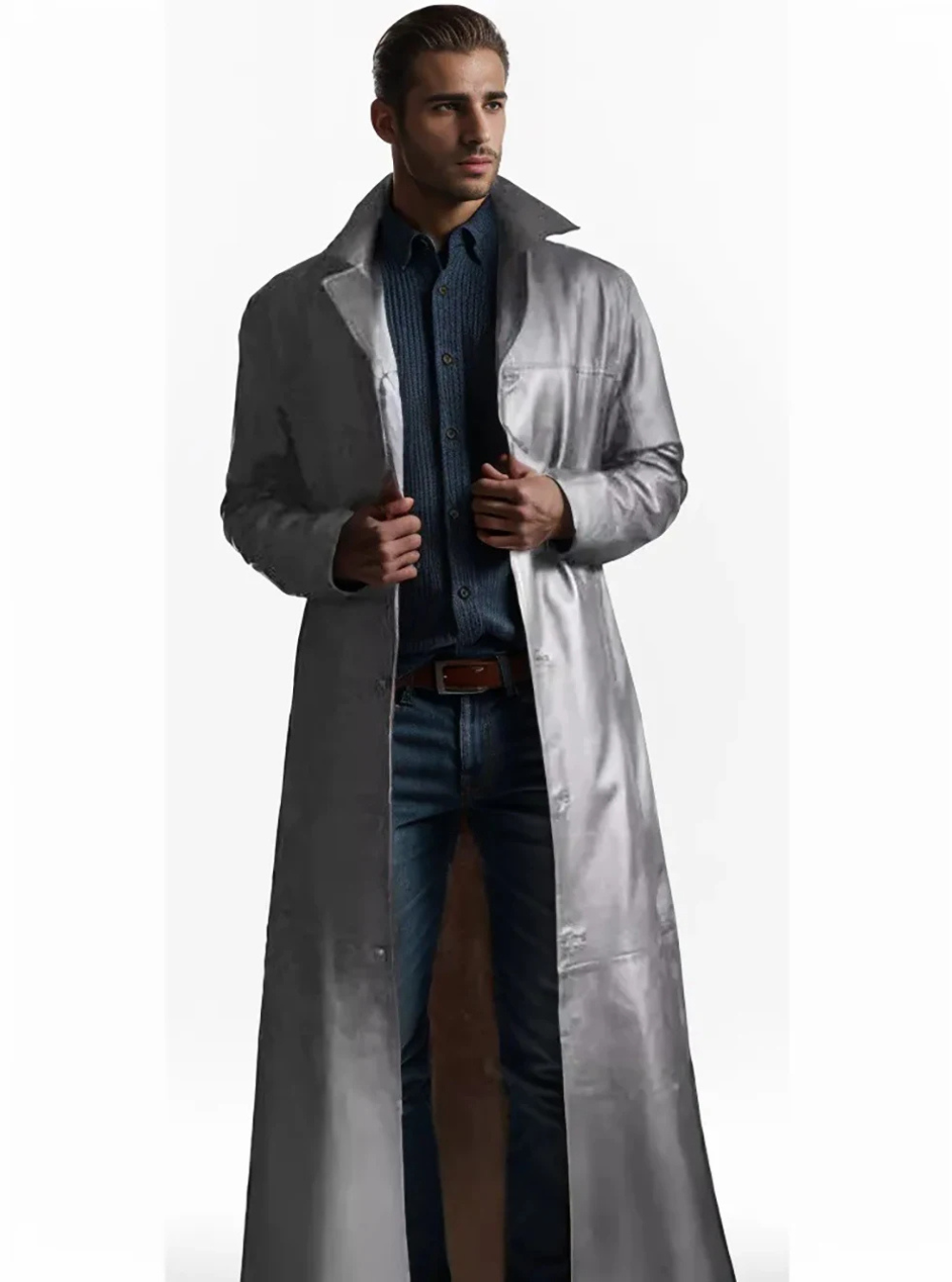 "Manteau long en cuir homme, élégant, cuir raffiné, revers classiques, style intemporel, durable et polyvalent."