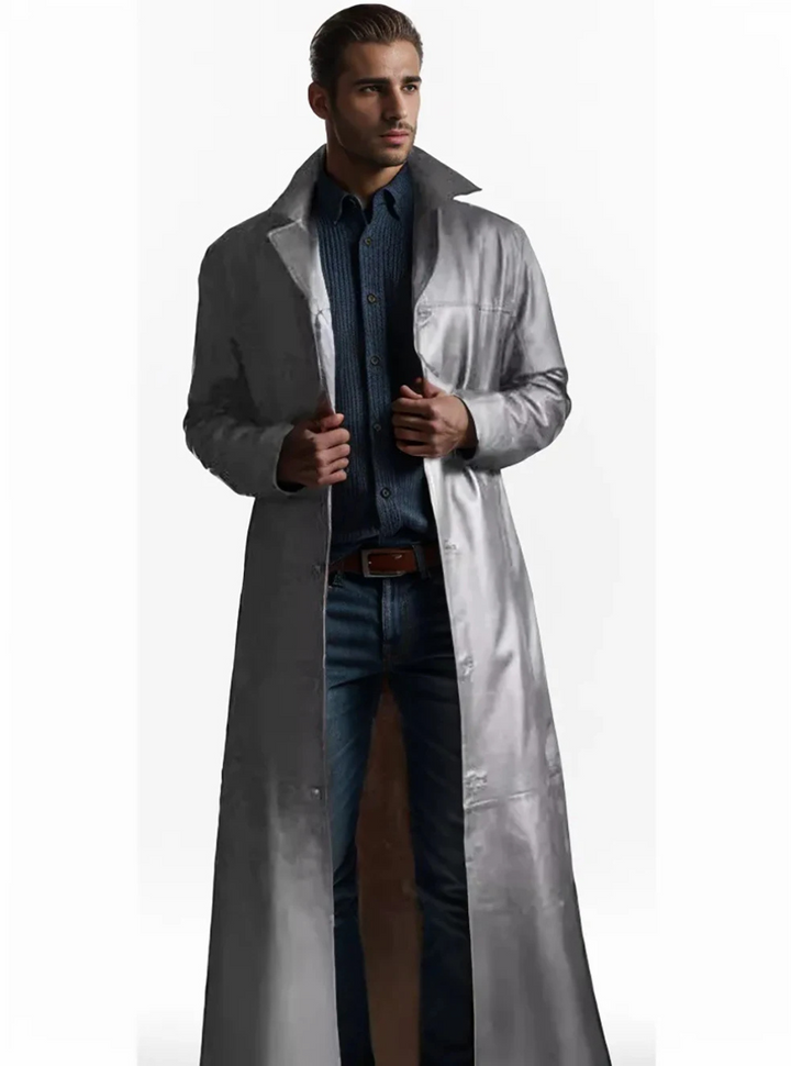 "Manteau long en cuir homme, élégant, cuir raffiné, revers classiques, style intemporel, durable et polyvalent."