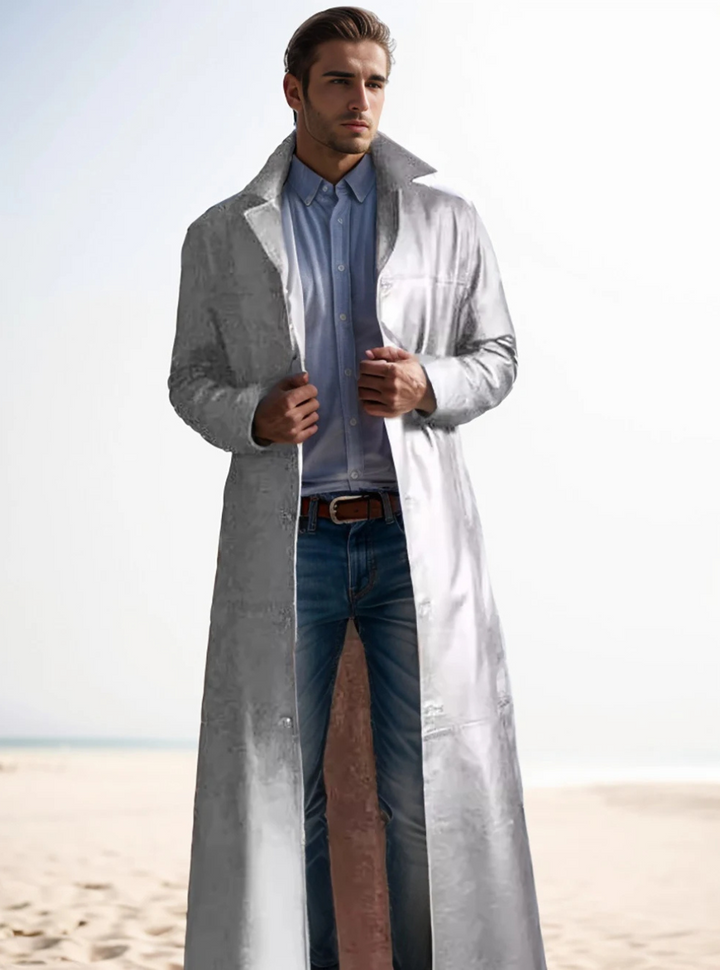"Manteau long en cuir homme, élégant, cuir raffiné, revers classiques, style intemporel, durable et polyvalent."