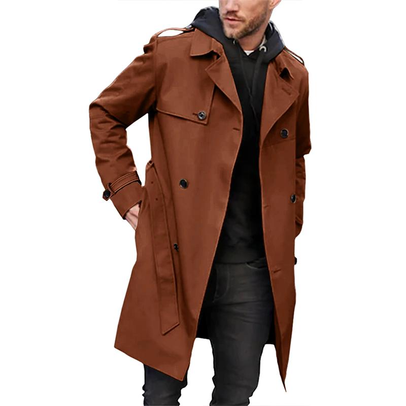 "Manteau trench homme, coupe ajustée, double boutonnage, vue de face, élégant et respirant, style classique."