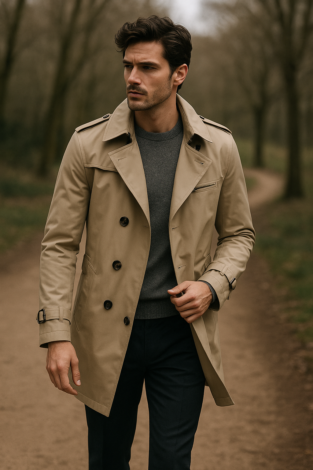 "Manteau trench homme élégant avec coupe structurée, doublure lisse, épaulettes marquées et style croisé sophistiqué."