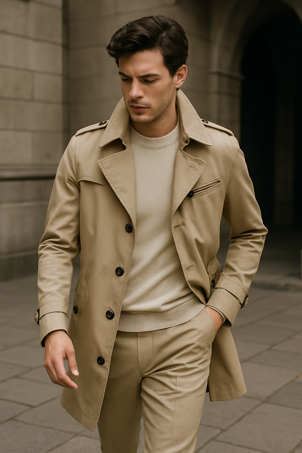 "Manteau trench homme élégant avec coupe structurée, doublure lisse, épaulettes marquées et style croisé sophistiqué."