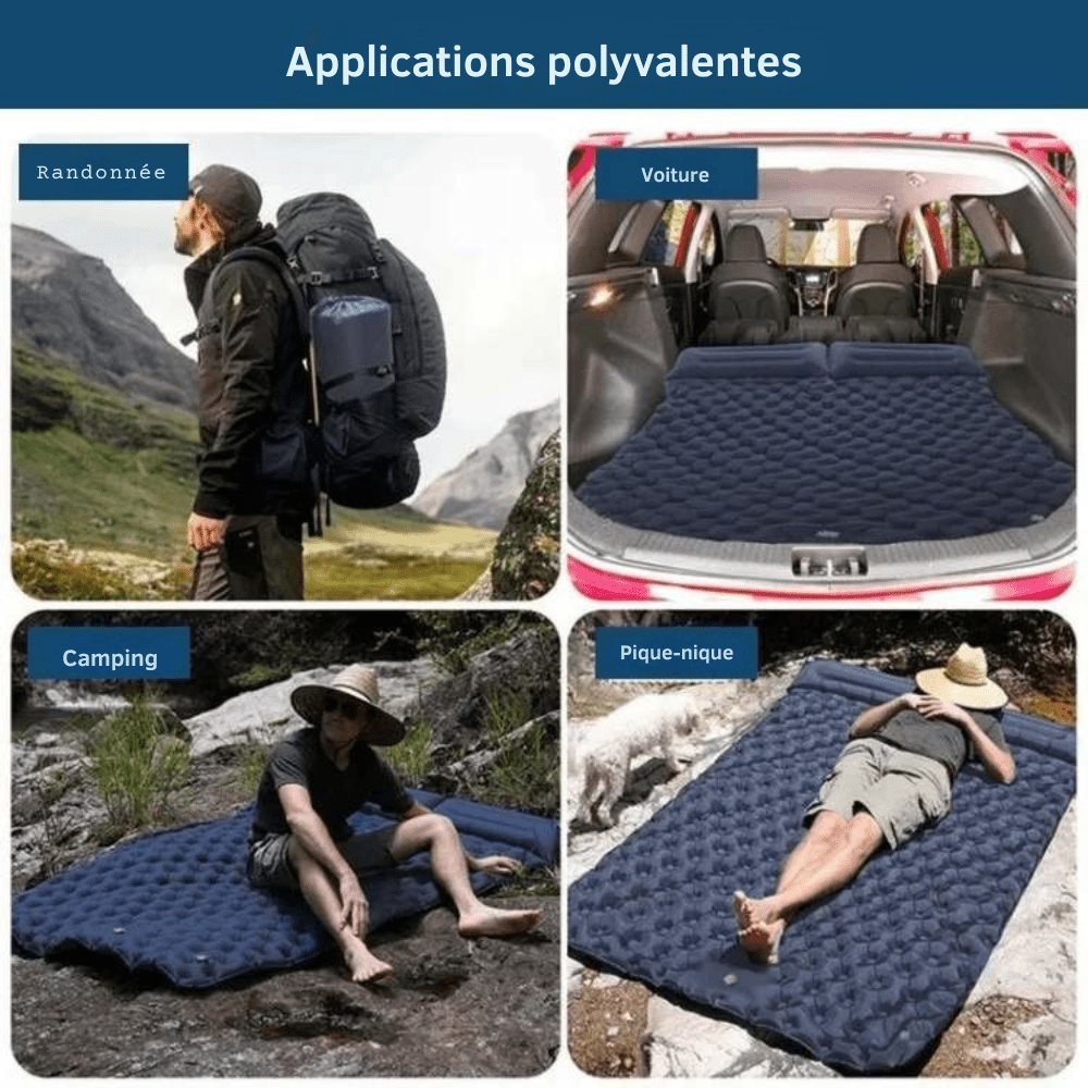 Matelas gonflable double léger et résistant, idéal pour le camping, bleu clair, structure alvéolée pour un confort maximal.