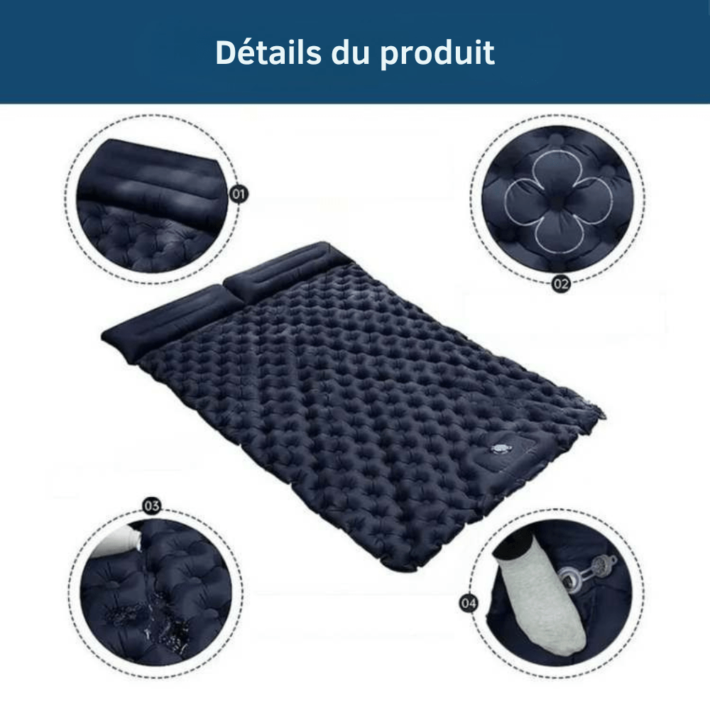 Matelas gonflable double léger et résistant, idéal pour le camping, bleu clair, structure alvéolée pour un confort maximal.