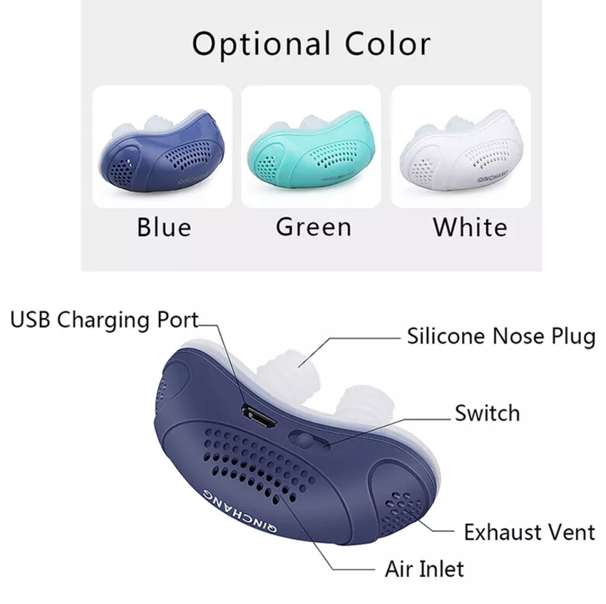 "Mini appareil CPAP anti-ronflement compact, sans masque, avec embouts souples en silicone pour un sommeil paisible."
