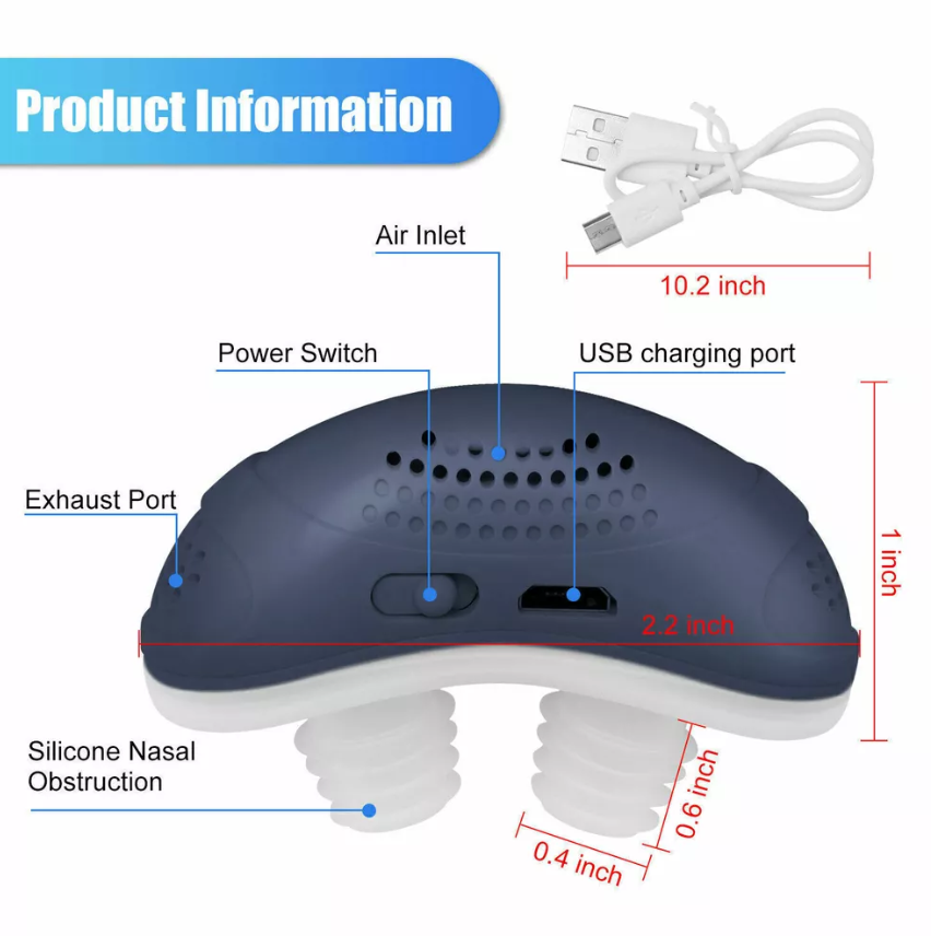"Mini appareil CPAP anti-ronflement compact, sans masque, avec embouts souples en silicone pour un sommeil paisible."