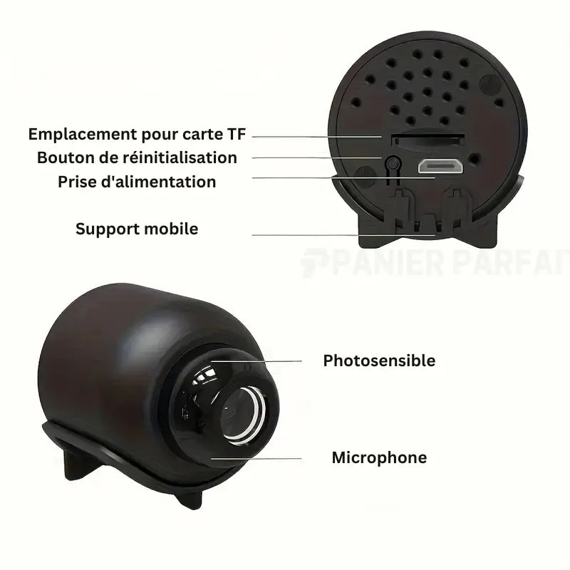 "Mini caméra espion sans fil, compacte, qualité HD, idéale pour surveillance discrète intérieure et extérieure."