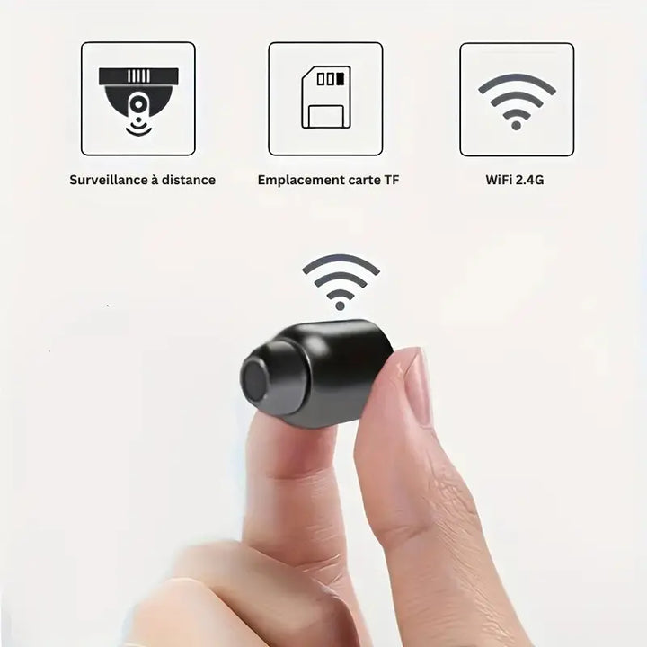 "Mini caméra espion sans fil, compacte, qualité HD, idéale pour surveillance discrète intérieure et extérieure."