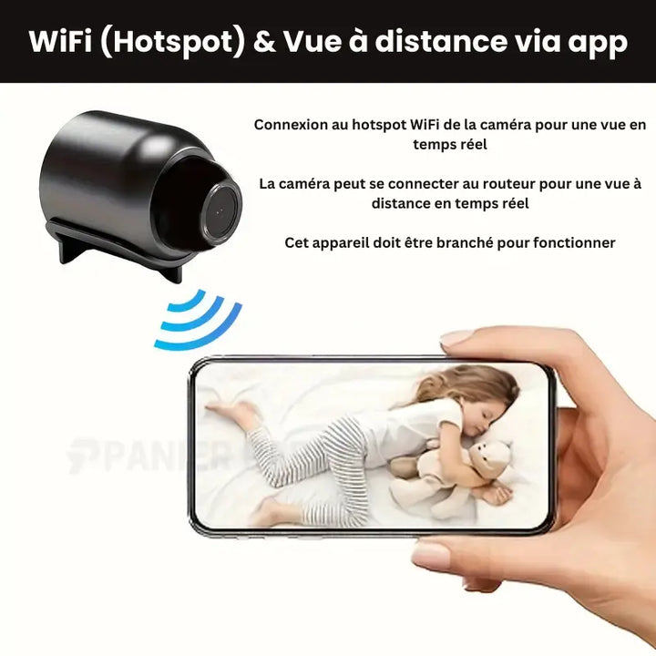 "Mini caméra espion sans fil, compacte, qualité HD, idéale pour surveillance discrète intérieure et extérieure."