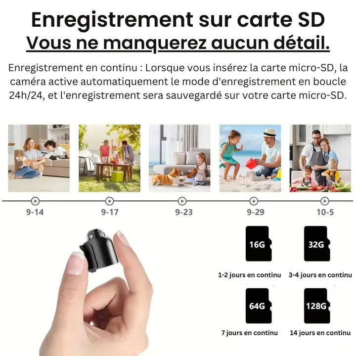 "Mini caméra espion sans fil, compacte, qualité HD, idéale pour surveillance discrète intérieure et extérieure."