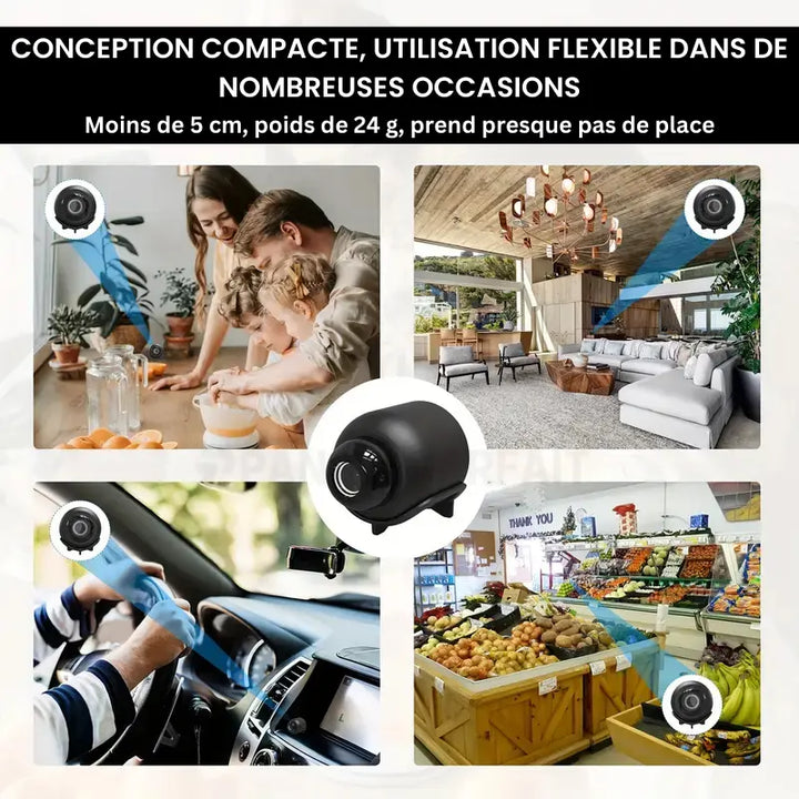 "Mini caméra espion sans fil, compacte, qualité HD, idéale pour surveillance discrète intérieure et extérieure."