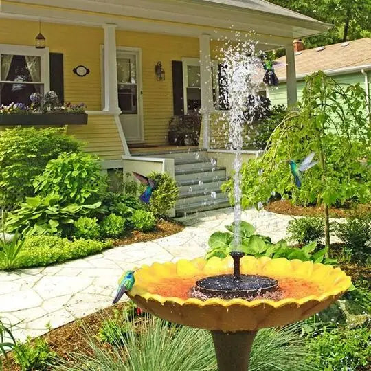 "Mini fontaine solaire flottante, éco-responsable, 6 jets variés, design compact pour jardins, sans câbles visibles."