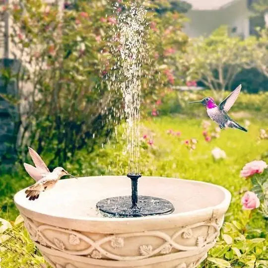 "Mini fontaine solaire flottante, éco-responsable, 6 jets variés, design compact pour jardins, sans câbles visibles."