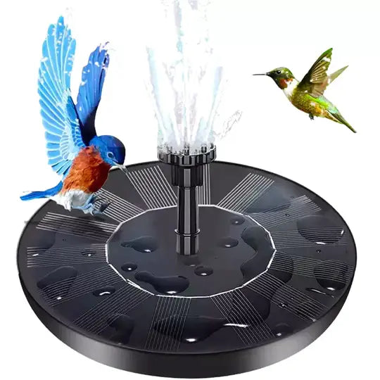 "Mini fontaine solaire flottante, éco-responsable, 6 jets variés, design compact pour jardins, sans câbles visibles."