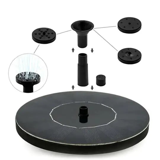 "Mini fontaine solaire flottante, éco-responsable, 6 jets variés, design compact pour jardins, sans câbles visibles."