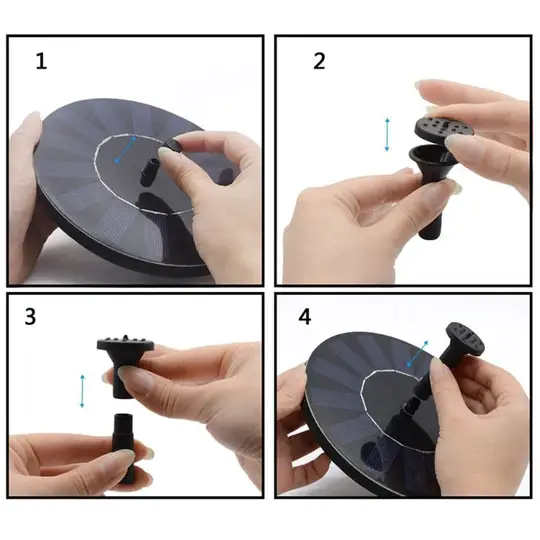 "Mini fontaine solaire flottante, éco-responsable, 6 jets variés, design compact pour jardins, sans câbles visibles."