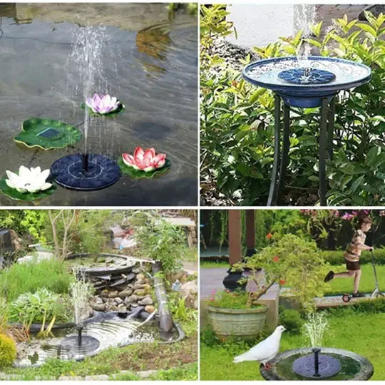 "Mini fontaine solaire flottante, éco-responsable, 6 jets variés, design compact pour jardins, sans câbles visibles."