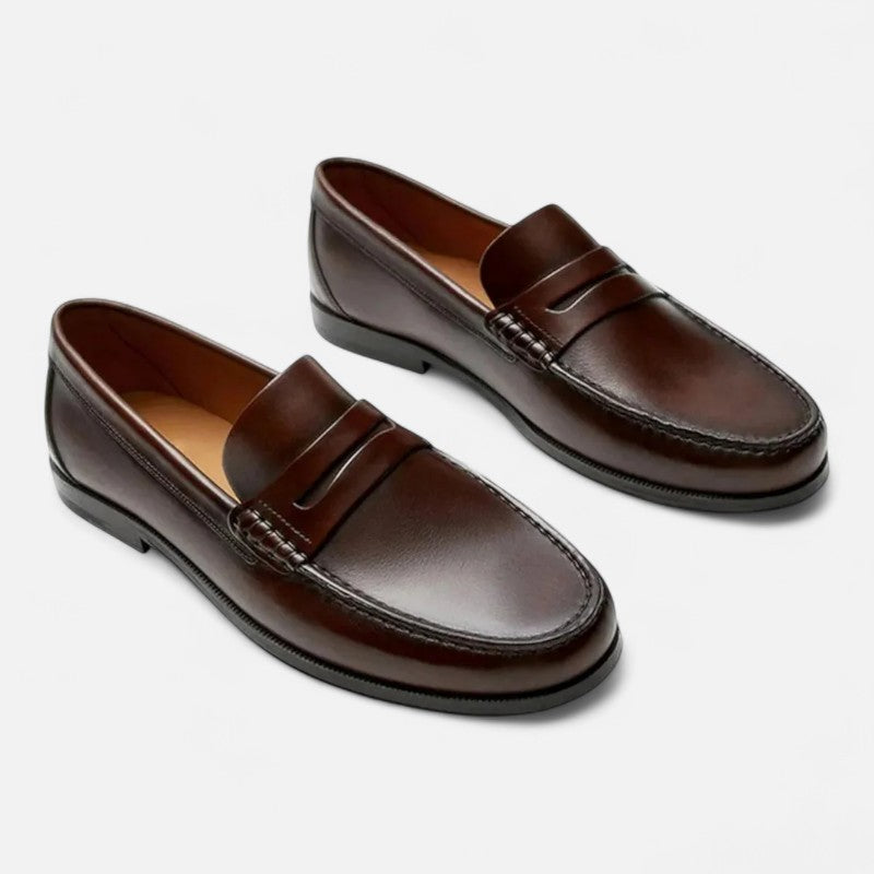 "Mocassins en cuir brun pour hommes, élégants avec coutures détaillées, intérieur confortable et semelle antidérapante."