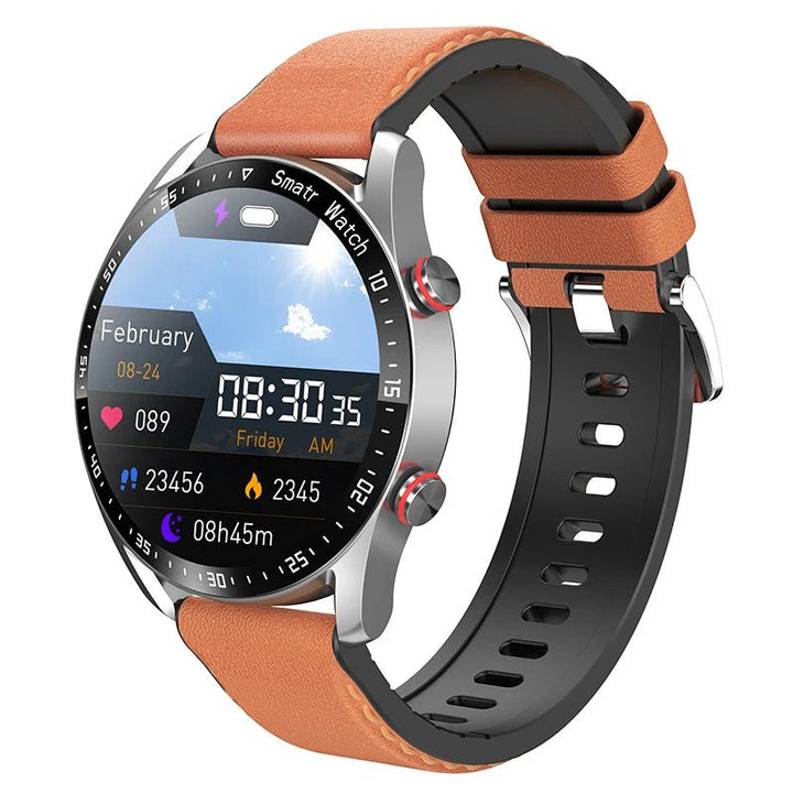"Montre connectée élégante en cuir noir, design moderne, suivis santé et glucose."