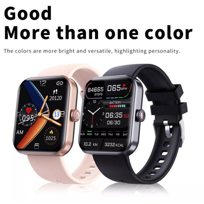 "Montre connectée élégante pour surveillance glycémie, écran tactile couleur, sans piqûre, disponible en noir et rose."