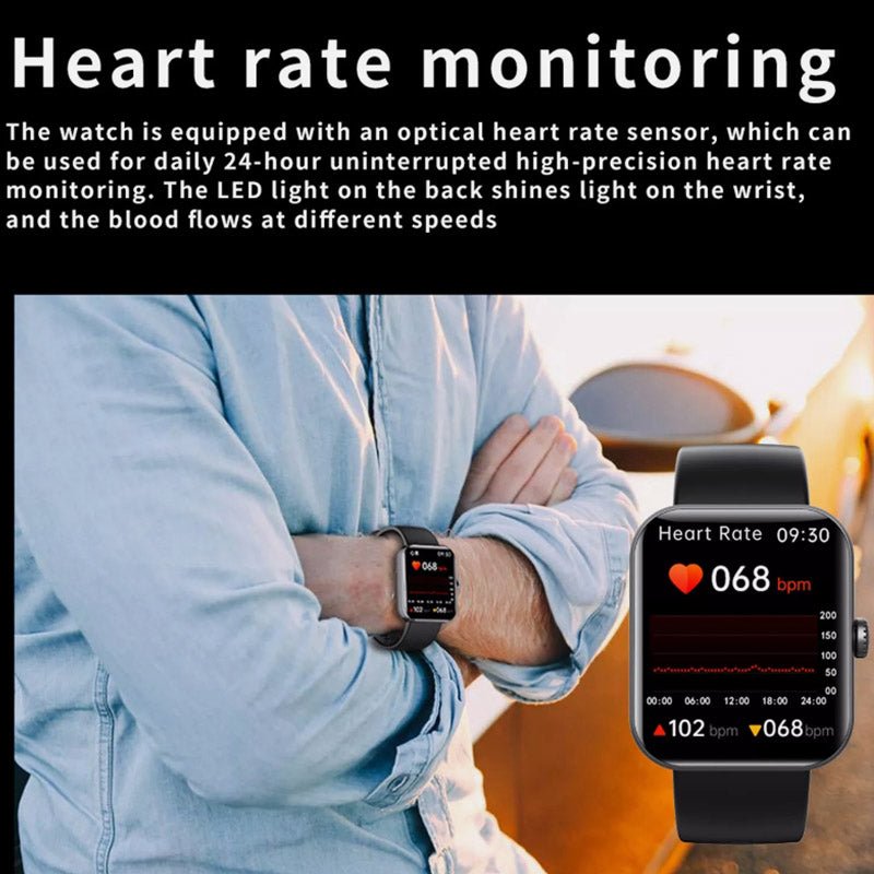"Montre connectée élégante pour surveillance glycémie, écran tactile couleur, sans piqûre, disponible en noir et rose."