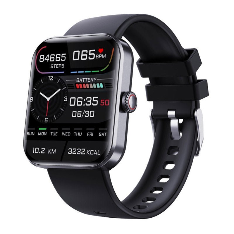 "Montre connectée élégante pour surveillance glycémie, écran tactile couleur, sans piqûre, disponible en noir et rose."