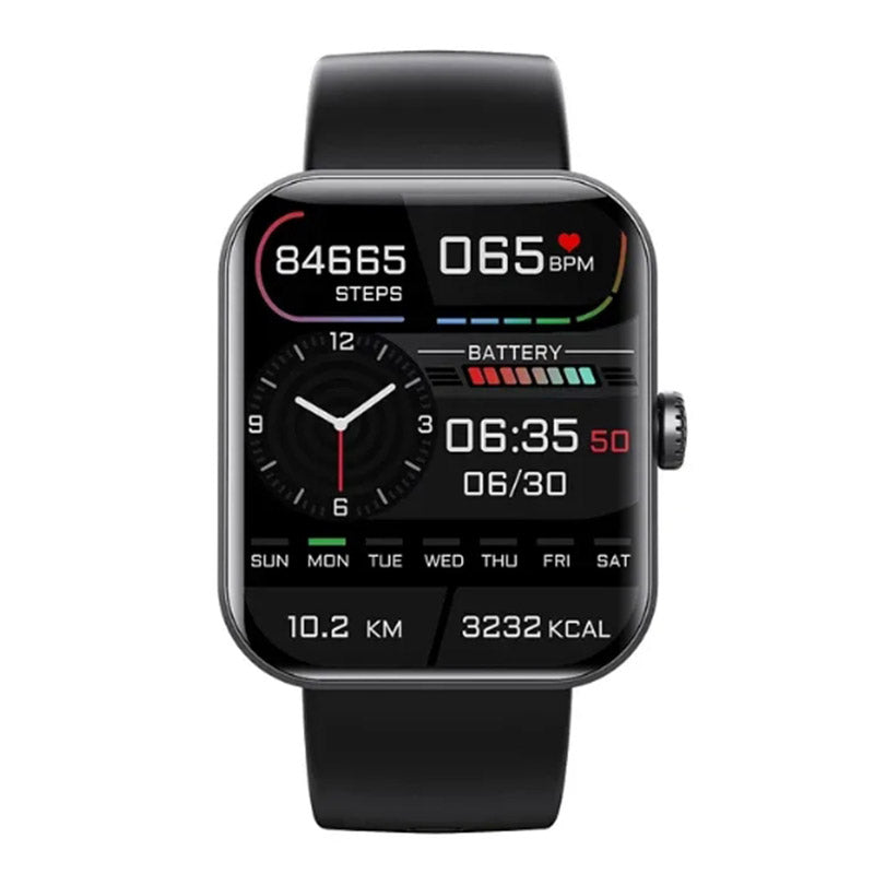 "Montre connectée élégante pour surveillance glycémie, écran tactile couleur, sans piqûre, disponible en noir et rose."