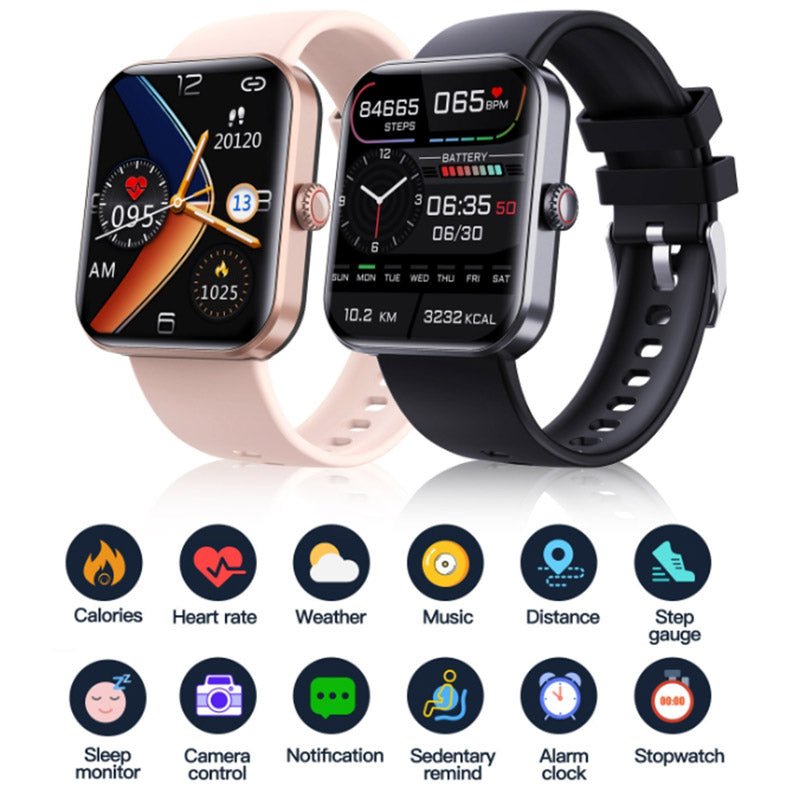 "Montre connectée élégante pour surveillance glycémie, écran tactile couleur, sans piqûre, disponible en noir et rose."