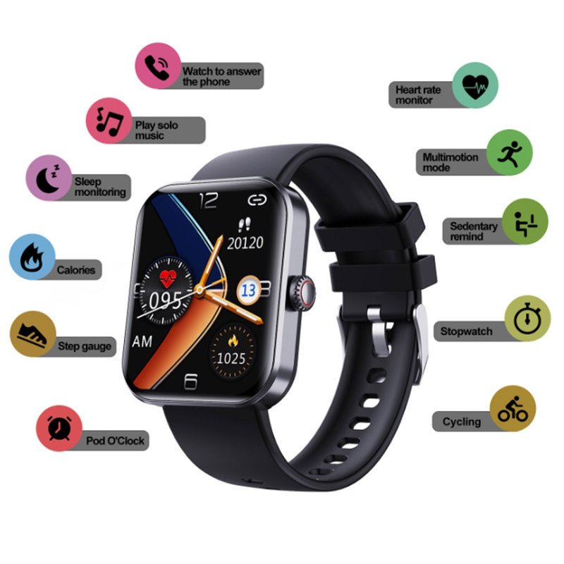 "Montre connectée élégante pour surveillance glycémie, écran tactile couleur, sans piqûre, disponible en noir et rose."