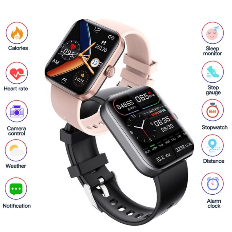 "Montre connectée élégante pour surveillance glycémie, écran tactile couleur, sans piqûre, disponible en noir et rose."