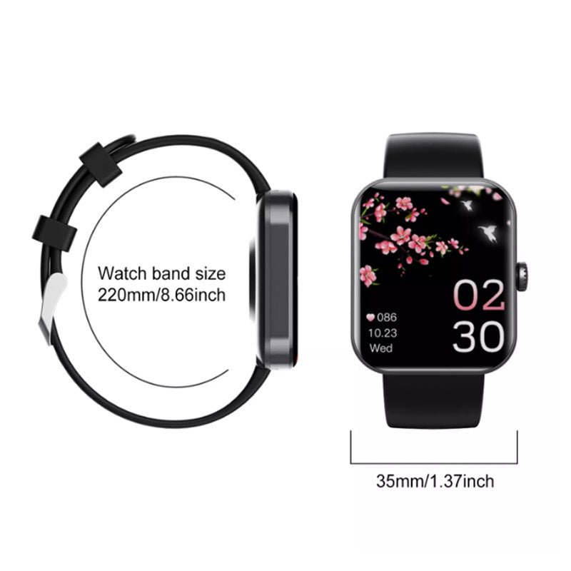 "Montre connectée élégante pour surveillance glycémie, écran tactile couleur, sans piqûre, disponible en noir et rose."