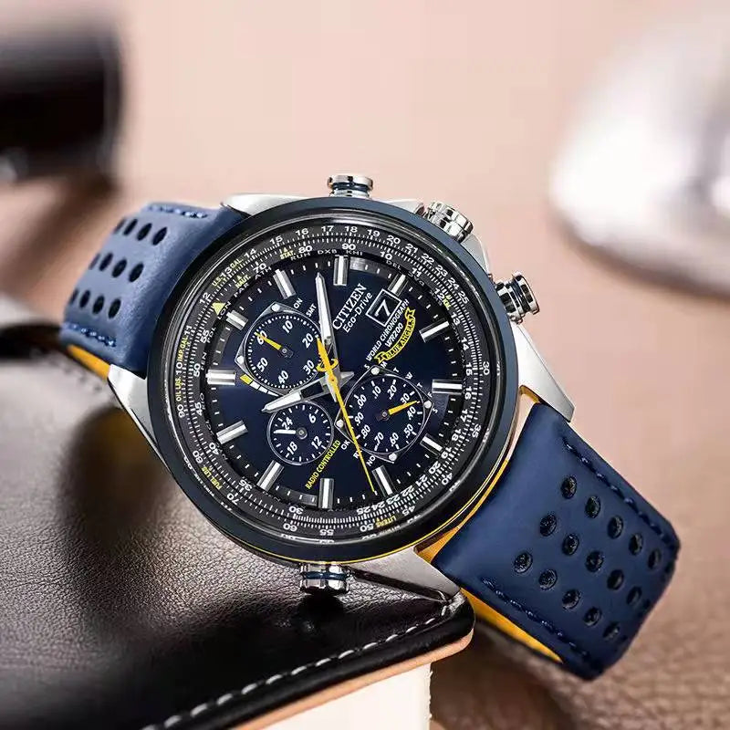 "Montre de luxe pour hommes, design moderne, cadran rond, aiguilles lumineuses, bracelet élégant, montre quartz précise."