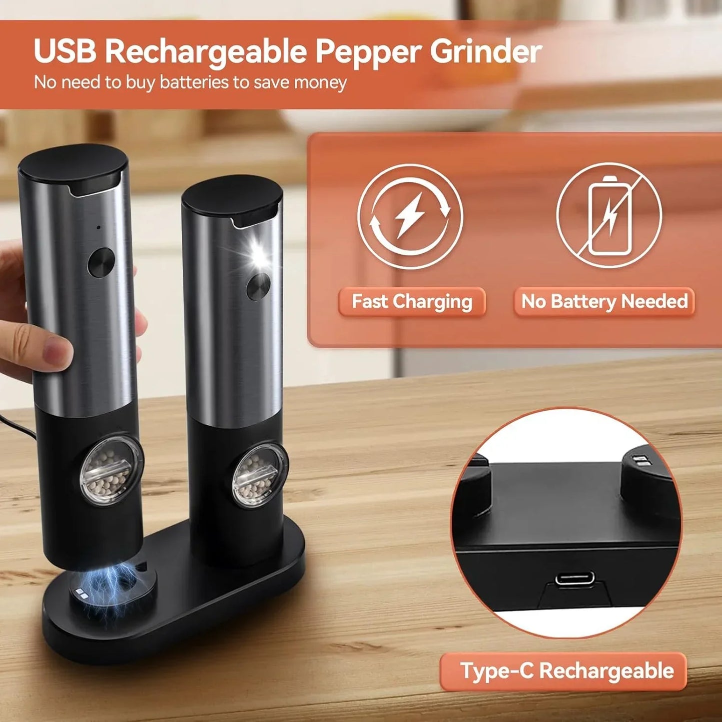 Moulin électrique à sel et poivre en acier inoxydable, LED intégrée, design moderne, rechargeable USB, élégant et fonctionnel