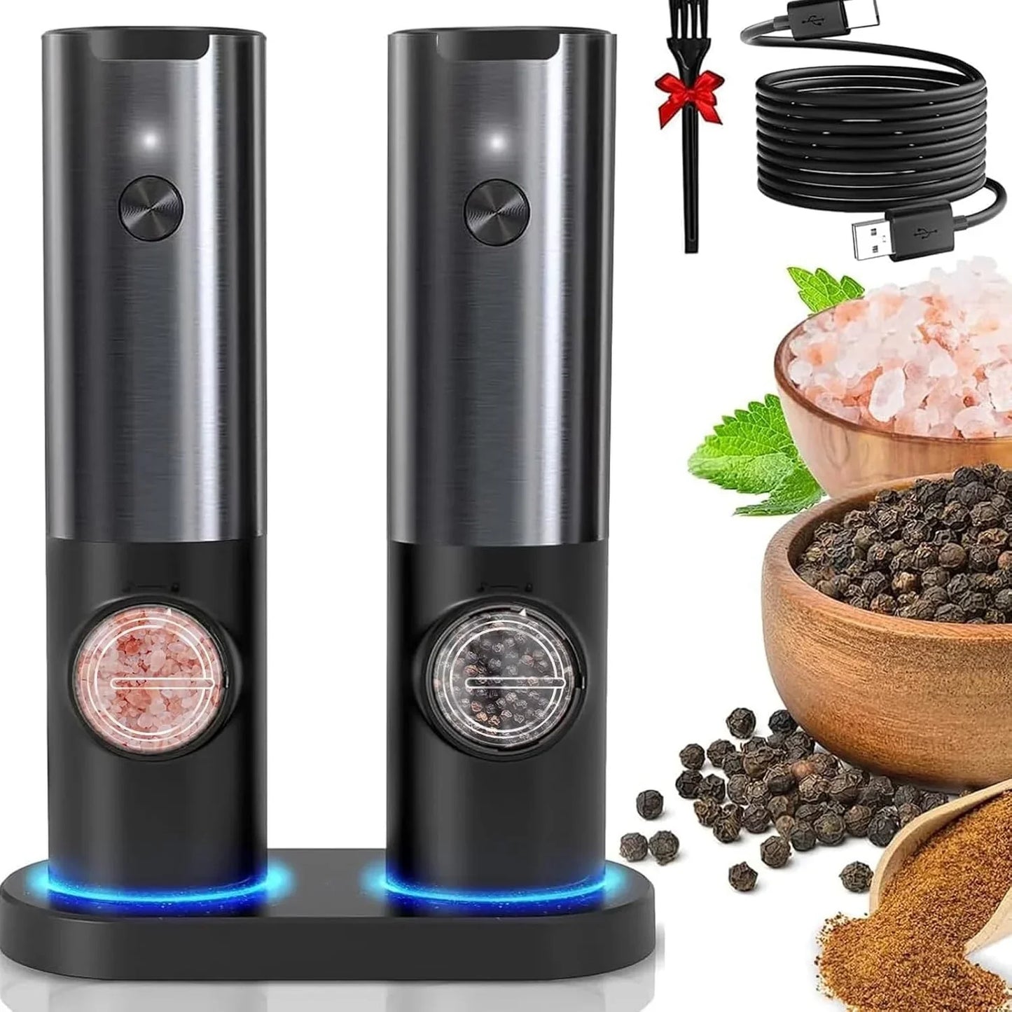 Moulin électrique à sel et poivre en acier inoxydable, LED intégrée, design moderne, rechargeable USB, élégant et fonctionnel
