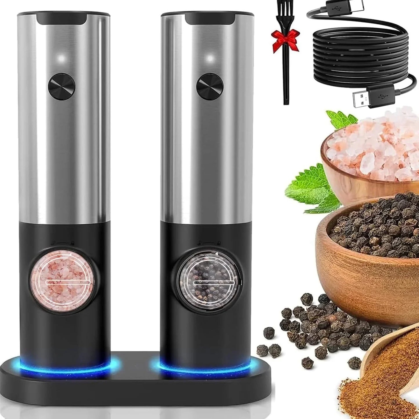 Moulin électrique à sel et poivre en acier inoxydable, LED intégrée, design moderne, rechargeable USB, élégant et fonctionnel