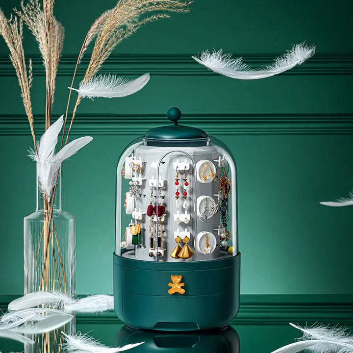"Organisateur de bijoux rotatif en vert avec 5 tiroirs, design compact moderne, rotation à 360° pour visualisation complète."