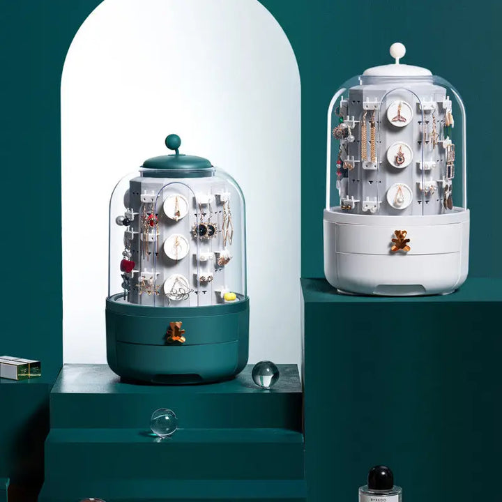 "Organisateur de bijoux rotatif en vert avec 5 tiroirs, design compact moderne, rotation à 360° pour visualisation complète."