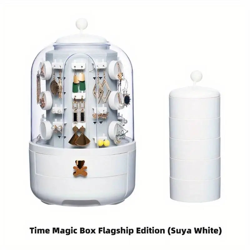 "Organisateur de bijoux rotatif en vert avec 5 tiroirs, design compact moderne, rotation à 360° pour visualisation complète."