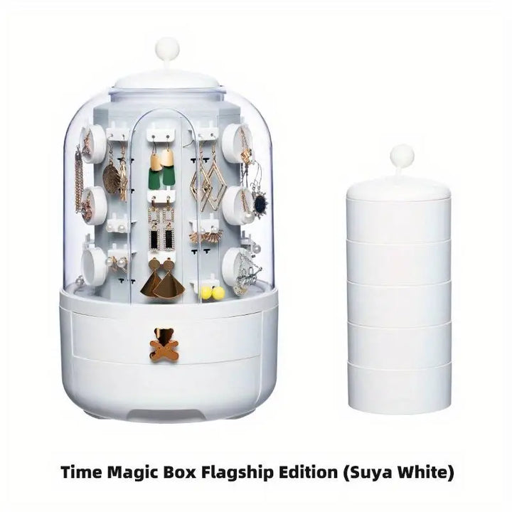 "Organisateur de bijoux rotatif en vert avec 5 tiroirs, design compact moderne, rotation à 360° pour visualisation complète."