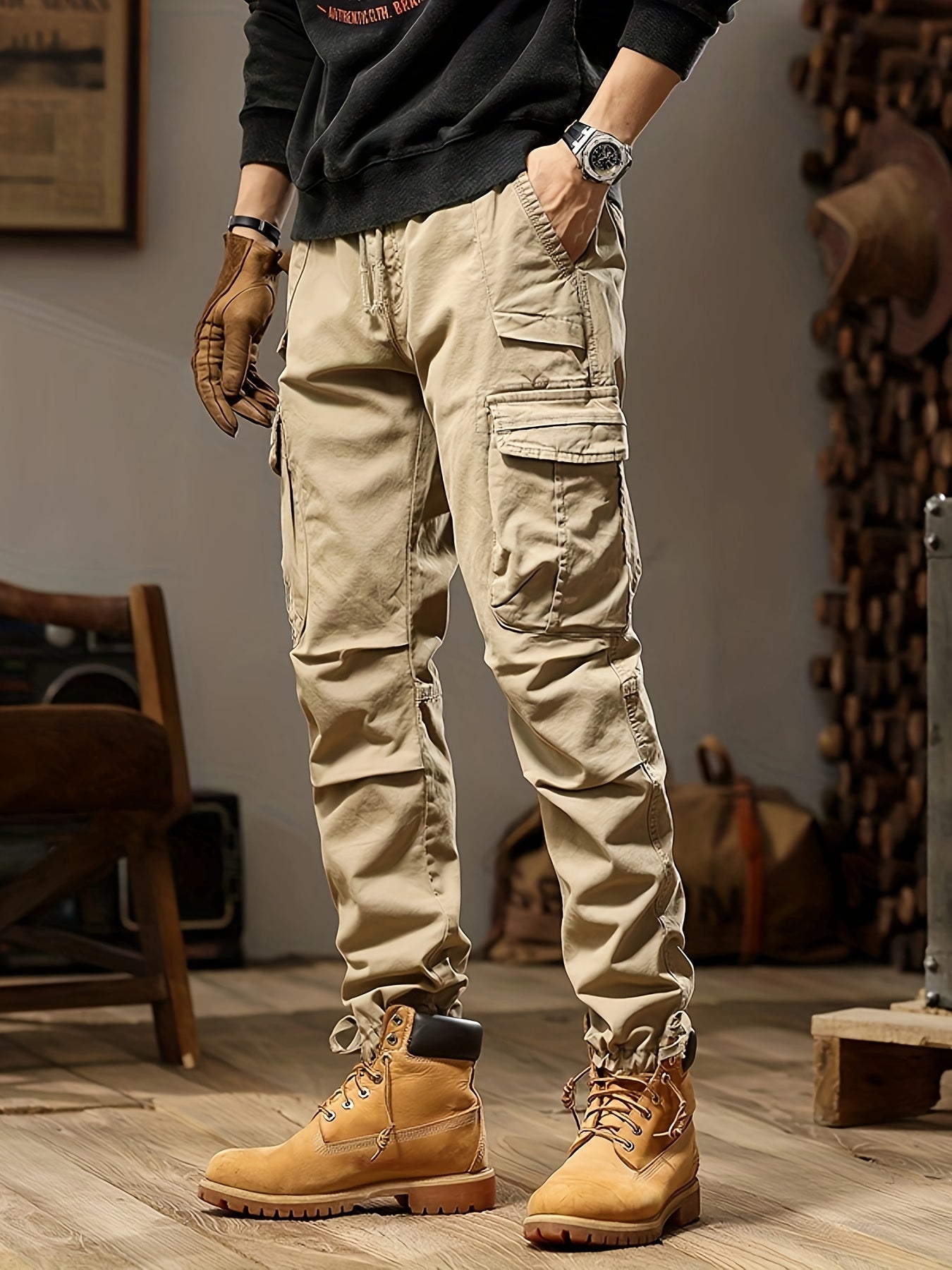 "Pantalon cargo homme ajusté, anthracite foncé, multiples poches, style moderne et polyvalent, confort et praticité."
