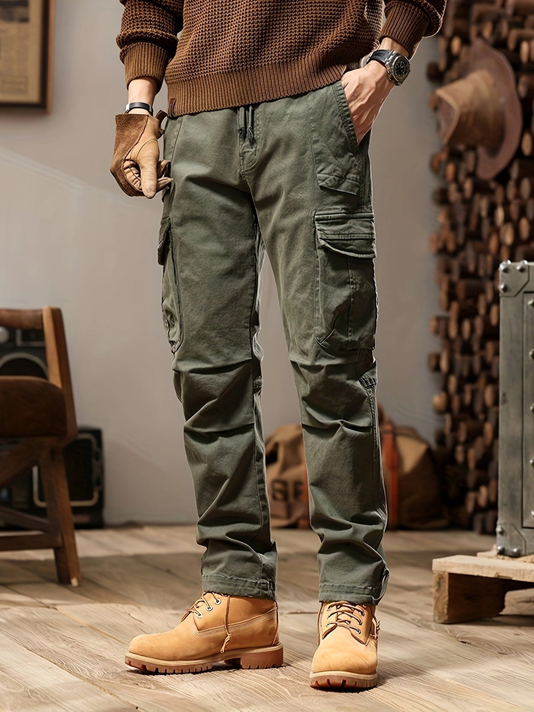 "Pantalon cargo homme ajusté, anthracite foncé, multiples poches, style moderne et polyvalent, confort et praticité."